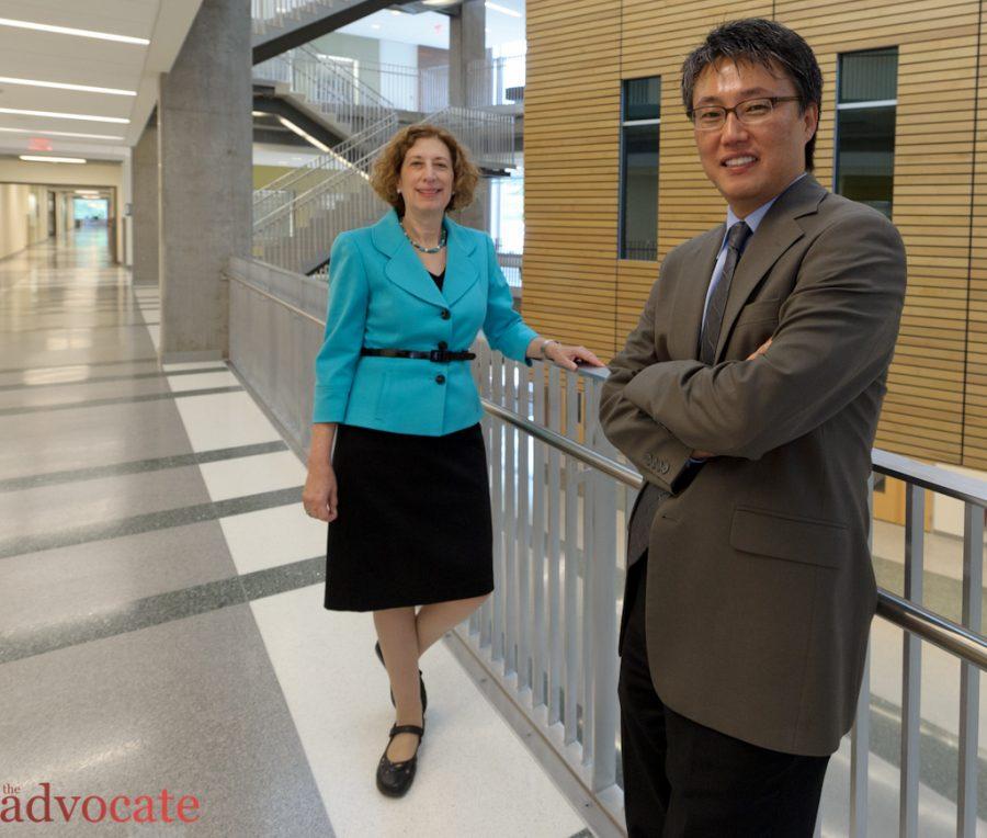 Montgomery College Vice President Dr. Judy Ackerman and Instructional Dean for Science Engineering & Math Eun-Woo Chang, in the atrium of the new science center at Montgomery Colleges Rockville Campus. -- Photo by: Stephen Weigel