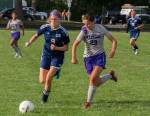 MC's defender, Emma Recchia, attacks the ball in the game against CCBC Essex Knights. (Photo credit: Adriano Cassoma)