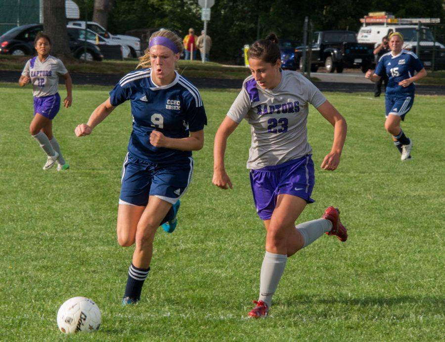 MCs defender, Emma Recchia, attacks the ball in the game against CCBC Essex Knights. (Photo credit: Adriano Cassoma)