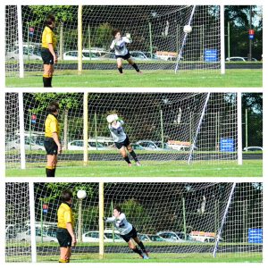 Freshman Alexis Frager, 24, makes a save, helping to secure the Raptors' win. (Photo Credit: Montgomery College Athletics)