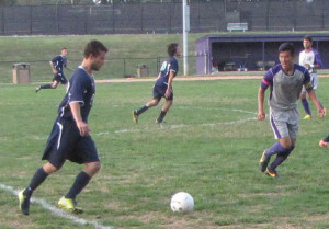 Sophomore Chris Cao, 3, defends against Chesapeake College Skipjacks. (Photo Credit: Kevin Ortiz)