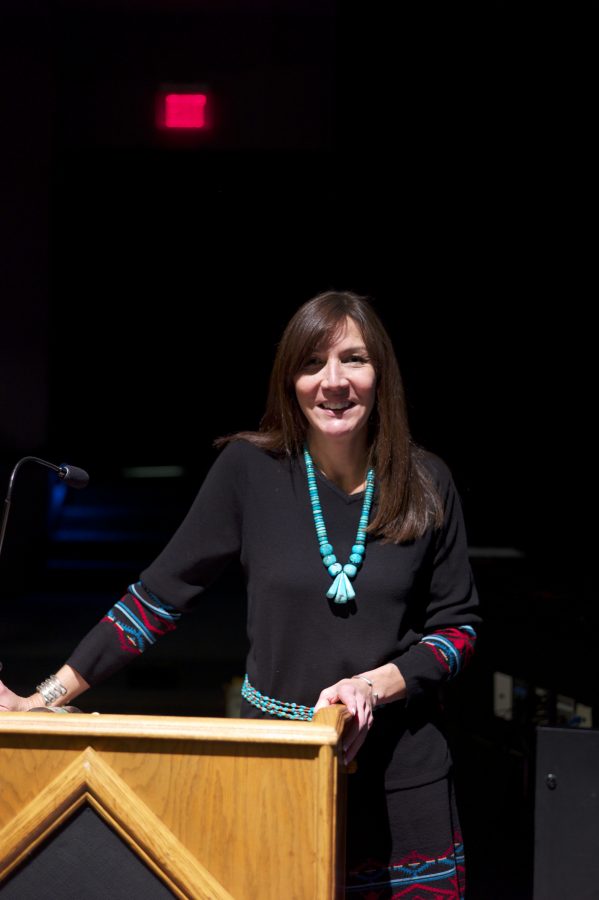 Speaker Carrie Billy speaks to students and faculty about integrating Native American heritage into schools. (Photo Credit: Adriano Cassoma)
