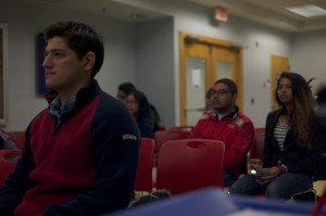 Student senator Daniel Chevez listens to Dean Darrin Campen as he addresses students concerns (Photo Credit: Adriano Cassoma)