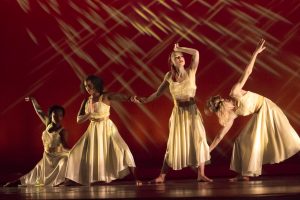 Sakina Seisay, Myesha Singleton, Ainslie MacDougall, and Anna-Sophia Adamiyatt in "Elite in Gold" choreographed by student Kevin Ortiz-Arias (Photo Credit: Emmanuel Jean-Marie)