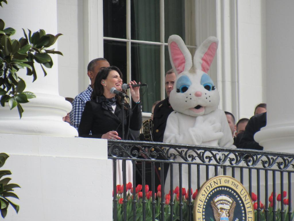 Idina Menzel with President Obama after finishing the singing the National Anthem. (photo: Sara Monterroso) 