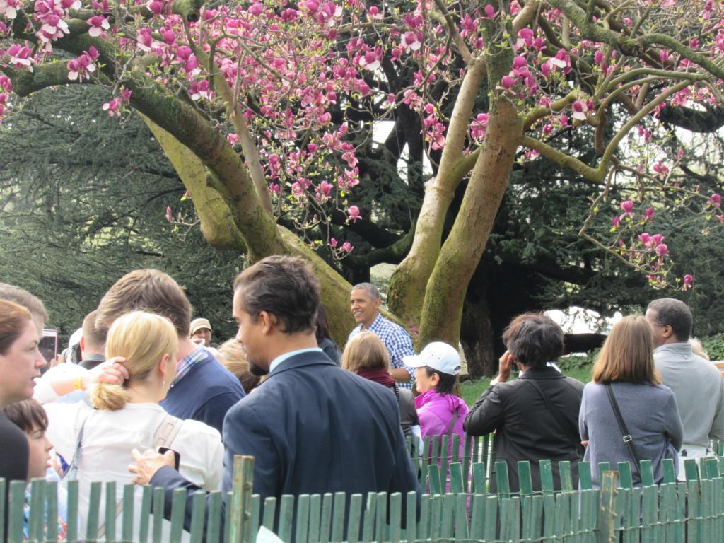 Obama reading his favorite children's book, "Where the Wild Things Are" to the crowd (photo: Sara Monterroso) 