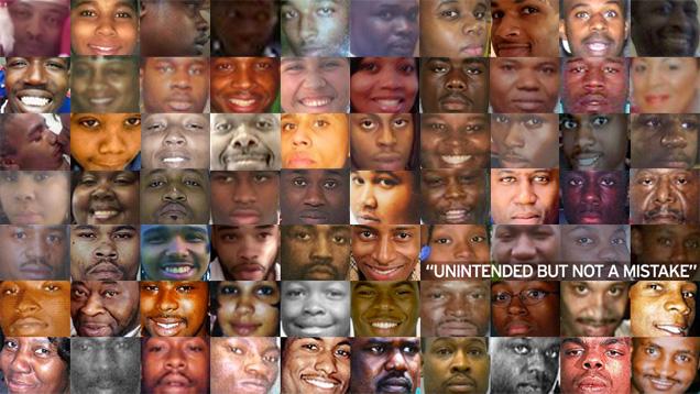 Pictures of black men and women killed by the police in 2015-2016.

Photo provided by: Rich Juzwiak and Aleksander Chan of gawker.com