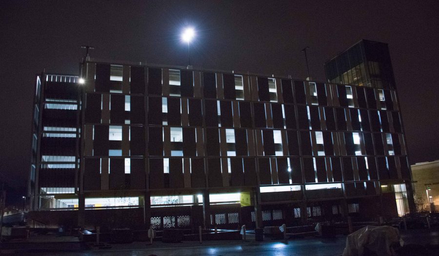 The MC parking garage lights up the night. (photo: Yuhua Guo)