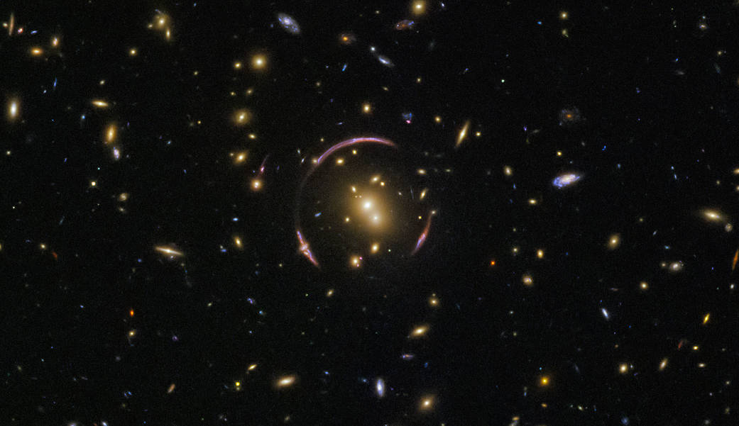 This image is packed full of galaxies! A keen eye can spot exquisite ellipticals and spectacular spirals, seen at various orientations: edge-on with the plane of the galaxy visible, face-on to show off magnificent spiral arms, and everything in between. The vast majority of these specks are galaxies, but to spot a foreground star from our own galaxy, you can look for a point of light with tell-tale diffraction spikes. The most alluring subject sits at the centre of the frame. With the charming name of SDSSJ0146-0929, the glowing central bulge is a galaxy cluster — a monstrous collection of hundreds of galaxies all shackled together in the unyielding grip of gravity. The mass of this galaxy cluster is large enough to severely distort the spacetime around it, creating the odd, looping curves that almost encircle the cluster. These graceful arcs are examples of a cosmic phenomenon known as an Einstein ring. The ring is created as the light from a distant objects, like galaxies, pass by an extremely large mass, like this galaxy cluster. In this image, the light from a background galaxy is diverted and distorted around the massive intervening cluster and forced to travel along many different light paths towards Earth, making it seem as though the galaxy is in several places at once.