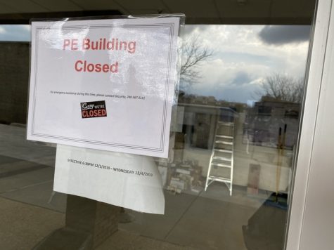 Sign indicating closure of P.E. Building.