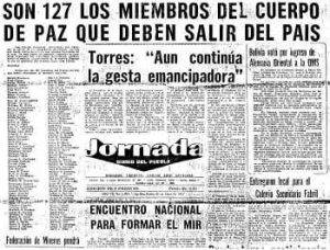 Newspaper: Diaro Del Pueblo from Tuesday May 25th, 1971. The headline says, "It's 127 members of the Peace Corp who must leave the country." This is in reference to the Bolivian government expelling the Peace Corp after it came to light that they were coercing and forcing Indigenous women to be sterilized.