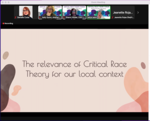 Screenshot of the Zoom Forum during Professor Katya Salmis presentation on What does Critical Race Theory Really Means? Courtesy of the Office of Equity and Inclusion.
