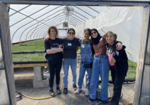 Five volunteers gather inside a greenhouse on a break from planting trees. Photo credit: Hannah Stocks