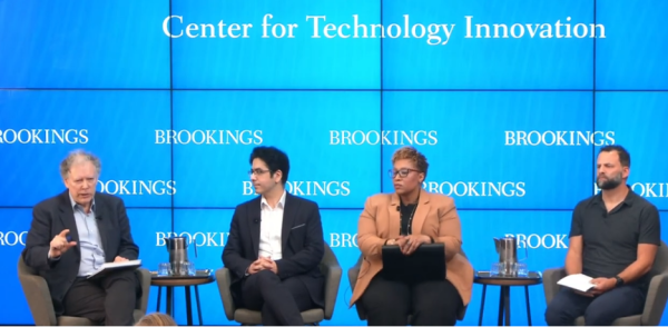 The Brookings Institute held an enlightening panel discussion on the evolving challenges and solutions of AI in elections. From left to right: panel moderator Darrell M. West, Dr. Soheil Feizi, The Honorable Shana M. Broussard, and Matt Perault.