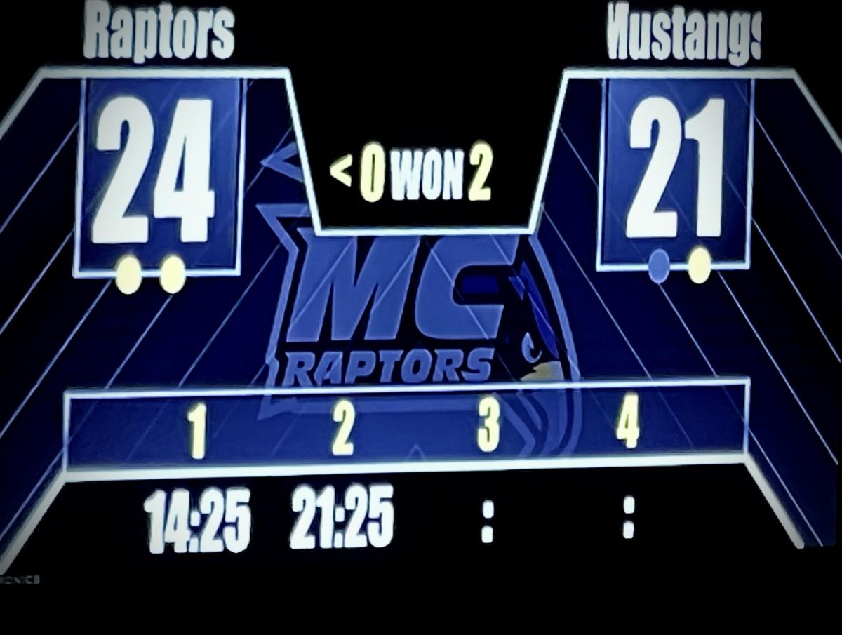 The MC Raptors leading 24-22 in the third set of last year's matchup v. the Monroe Mustangs, in which the Raptors lost 3-1. (Photo Credit: Chase Carty)