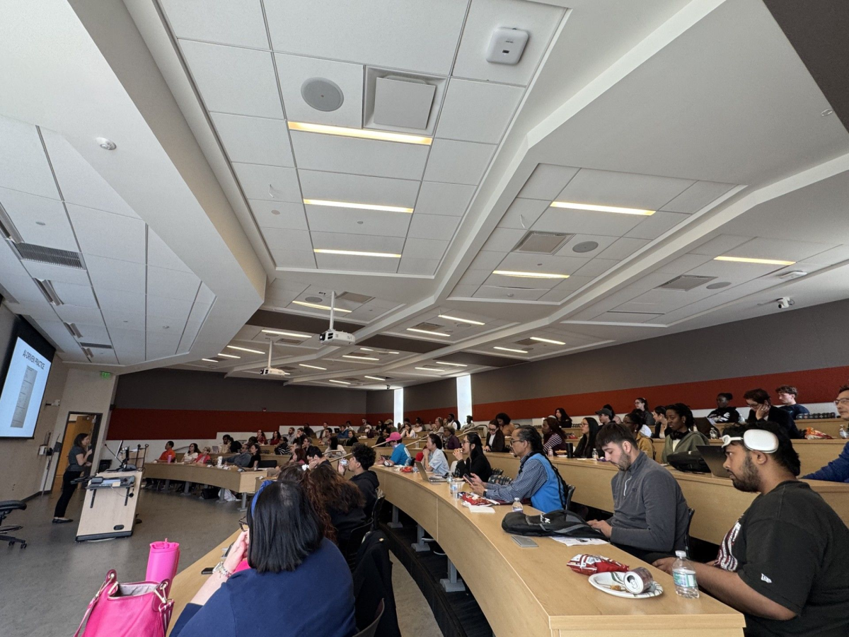 Students in the auditorium listening to the AI Literacy speakers. (Photo credit: Ben Goldman)
